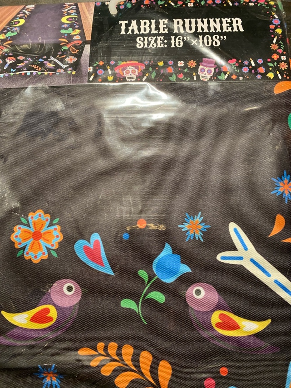 Day of the Dead Black Floral & Bird Table Runner M 206